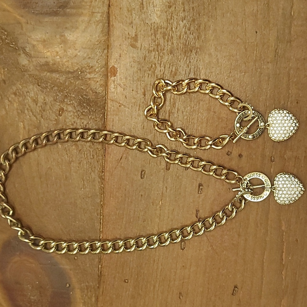 Guess Gold Colour Heart Necklace and Bracelet Set